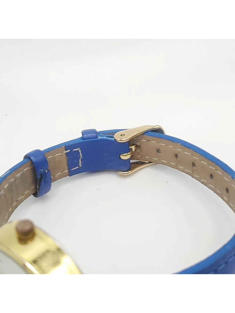 Accutime Quartz  Womens Watch 30mm Gold Tone Blue Leather Band New Battery